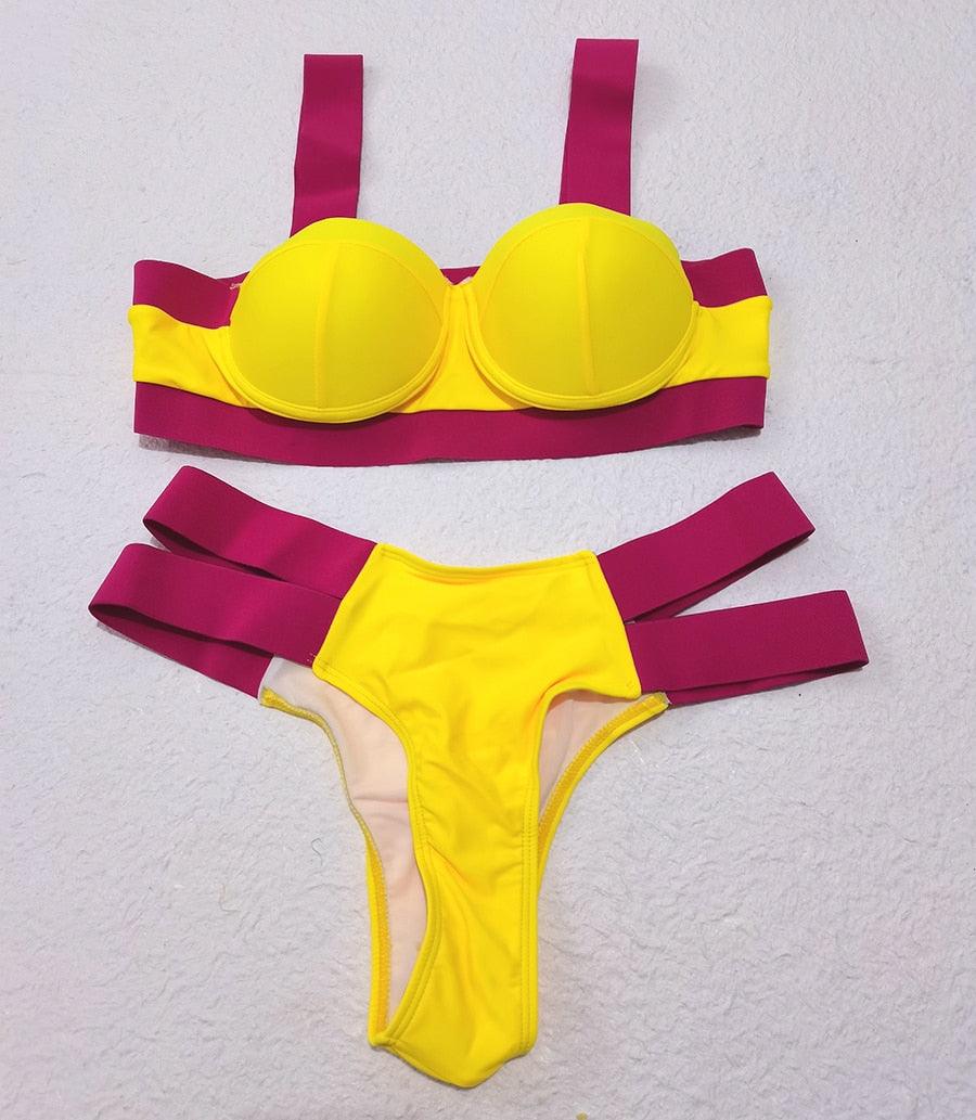 Electric Eel – Neon Patchwork Cut-Out Push-Up Bikini Set"