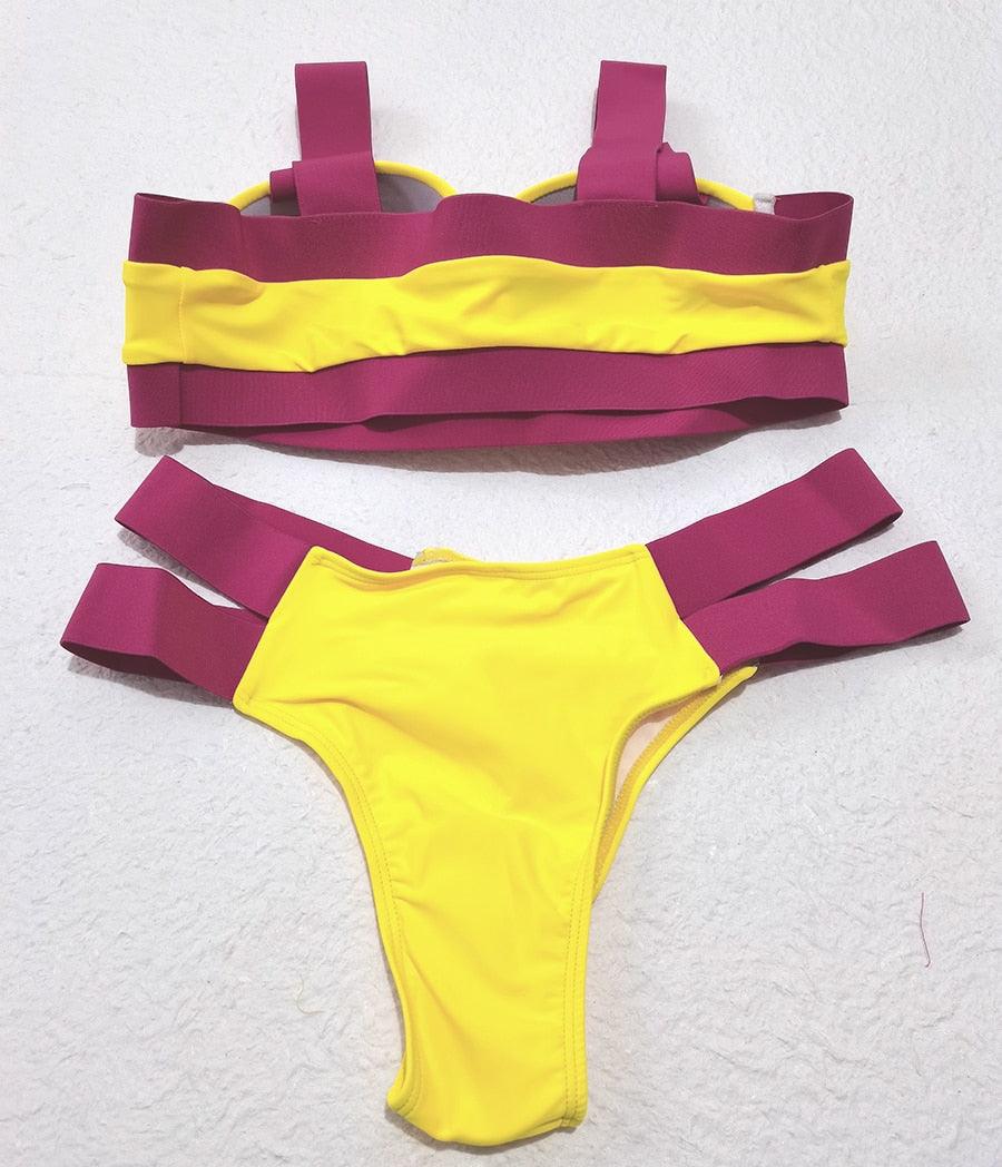 Electric Eel – Neon Patchwork Cut-Out Push-Up Bikini Set"