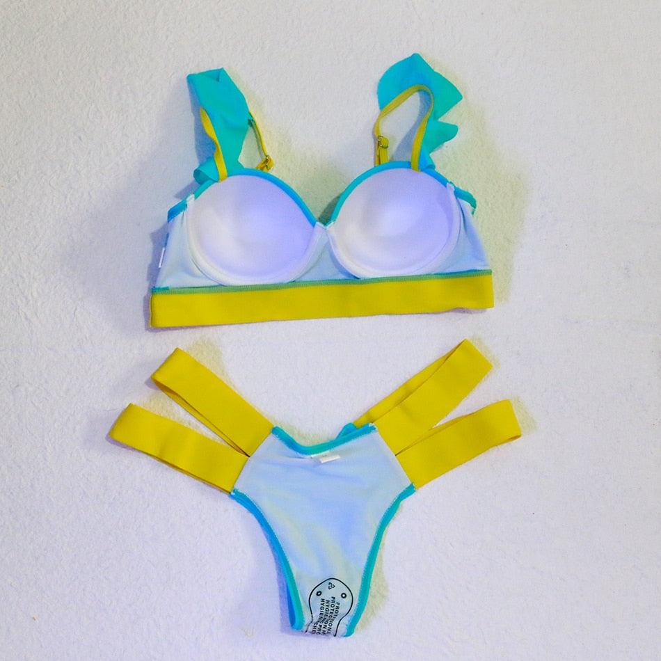 Electric Eel – Neon Patchwork Cut-Out Push-Up Bikini Set"