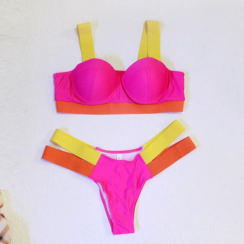 Electric Eel – Neon Patchwork Cut-Out Push-Up Bikini Set"
