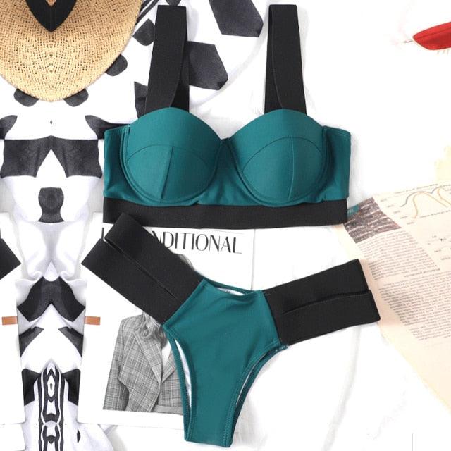 Electric Eel – Neon Patchwork Cut-Out Push-Up Bikini Set"