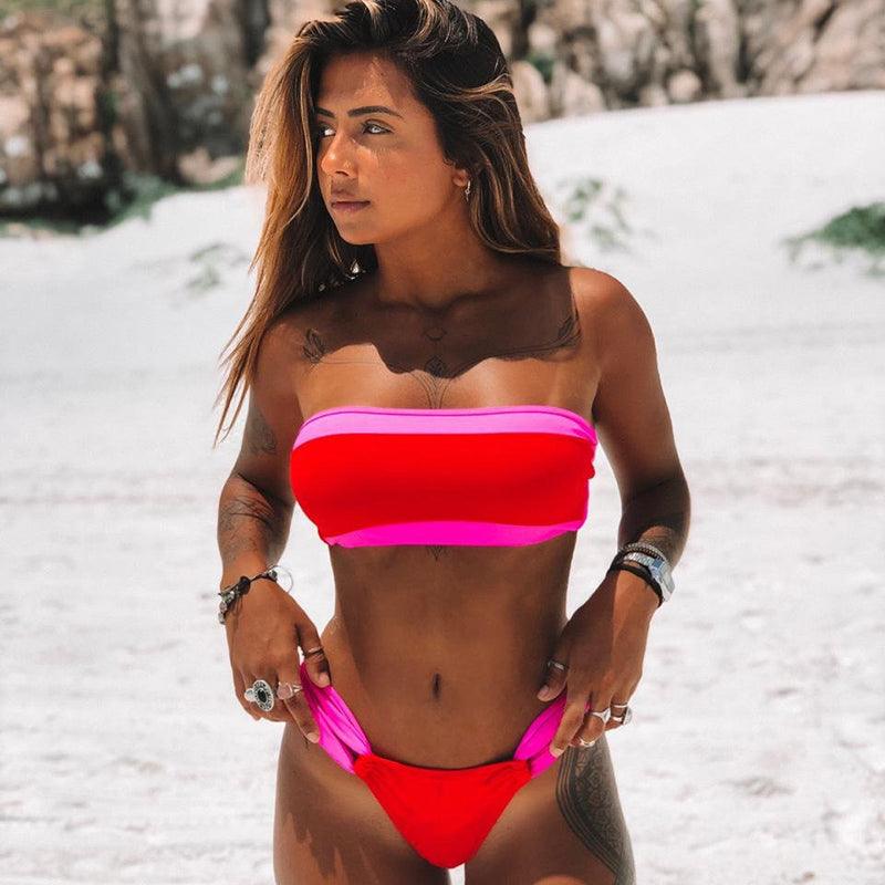 "Siren's Stripe – Colorblock Bandeau Bikini Set"