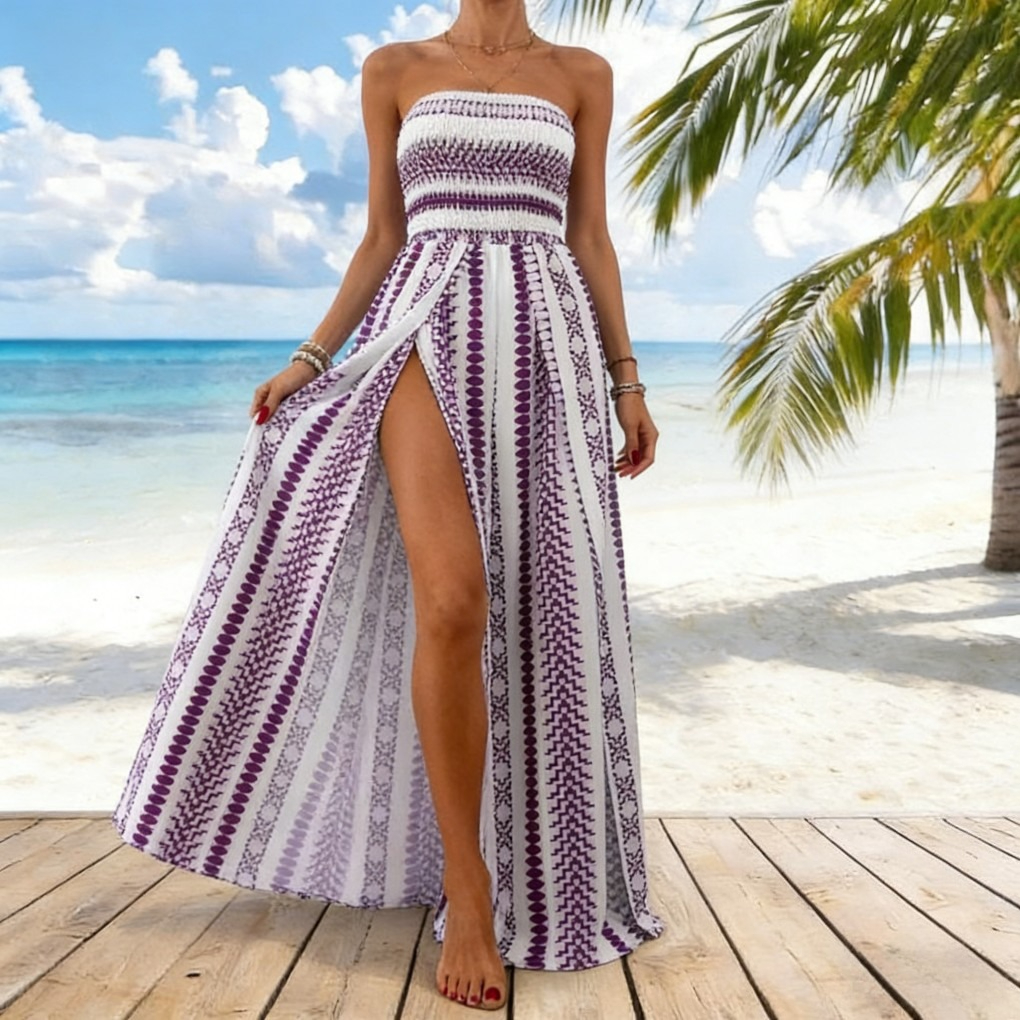 Summer Print Strapless Jumpsuit – Side Slit