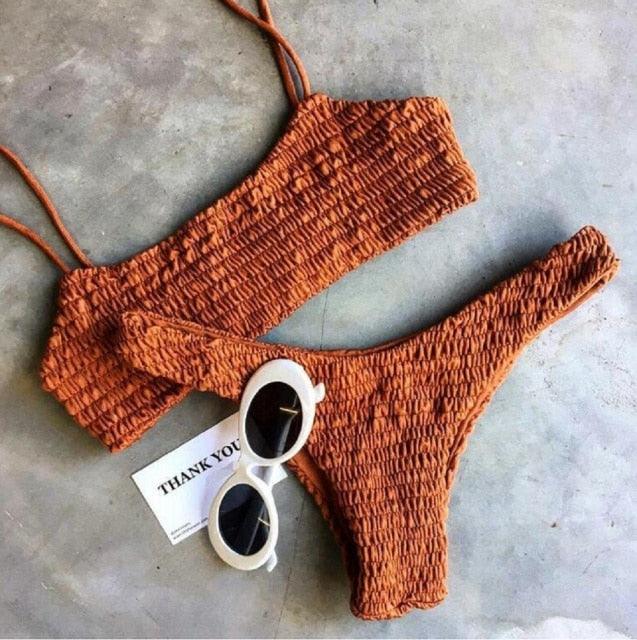 Yellow Ruffles Crochet Bikini Set Women Push-up Padded Bra Swimsuit Triangle Swimwear Bathing Suit Women's Brazilian-Style Bikini Swimsuit Two Piece Halter Neck Padded Push up Bikini Sets