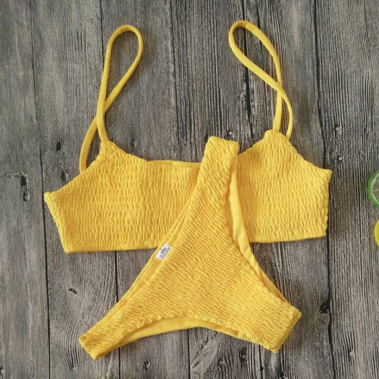 Yellow Ruffles Crochet Bikini Set Women Push-up Padded Bra Swimsuit Triangle Swimwear Bathing Suit Women's Brazilian-Style Bikini Swimsuit Two Piece Halter Neck Padded Push up Bikini Sets